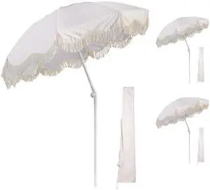 LAGarde 3 Pack 6Ft Fringe Patio Umbrella with Push Button Tilt Carry Bag UV30+ Outdoor Yard Lawn Yard Party Purple Stripe