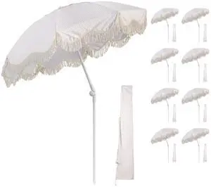 LAGarde 9 Pack 6Ft Fringe Patio Umbrella with Push Button Tilt Carry Bag UV30+ Outdoor Yard Lawn Yard Party Purple Stripe