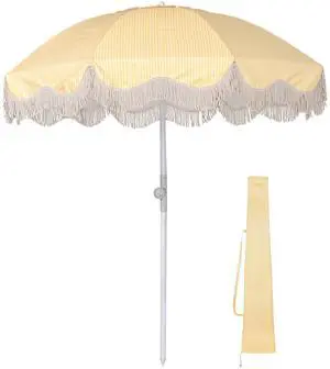 LAGarden 6Ft Fringe Patio Umbrella with Push Button Tilt Carry Bag UV30+ Outdoor Beach Yard Pool Party Deck Yellow Stripe