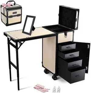 Byootique Rolling Makeup Train Case Nail Table w/ Cosmetic Cube Case Aluminum