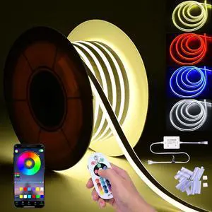 DELight 50FT RGB Neon Rope Lights with Remote Control & APP AC 110V IP65 Waterproof Music Sync Dimmable Cuttable DIY DEL-D50R