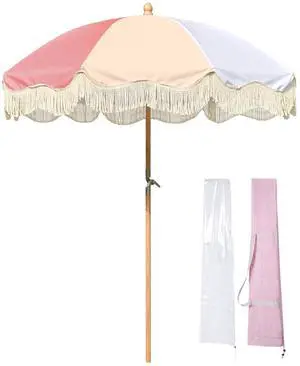 LAGarden 6Ft Fringe Patio Umbrella with Tassels & Carry Bag 50 / 60s Vintage Style Umbrella Wood Pink,Model: PS6-12 LAGarden 6Ft Fringe Patio Umbrella with Tassels & Carry Bag 50 / 60s Vintage Style Umbrella Wood Pink,Model: PS6-12