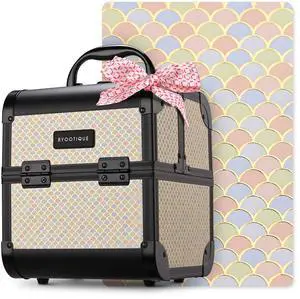 Byootique Makeup Train Case with Mirror Cosmetic Box Organizer Art Deco Pastel