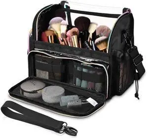 Byootique Makeup Brush Case Portable Artist Brush Holder Stand-Up Travel Cosmetic Organizer Bag Easy to Clean Large Professional Artist Storage Bag with Shoulder Strap & Adjustable Dividers