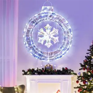 Yescom 33 Inch Snowflake Wreath Pre-lit Lighted Christmas Decoration with 128 Cold White LED Hang Metal Frame for Indoor/Outdoor Window Wall Display