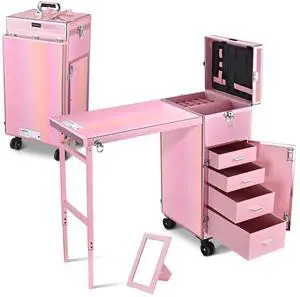 Byootique Nail Desk Mobile Station Rolling Makeup Manicure Table Unicorn Pink