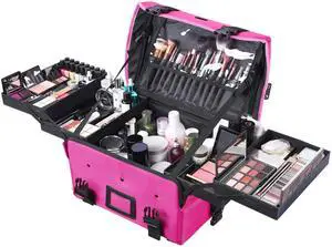 AW® Cosmetic Organizer Travel Bag Professional Makeup Train Case with Adjustable Strap Portable Carrying Case Rose Red
