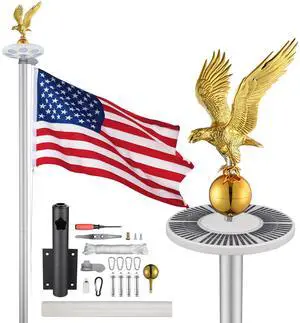 Yescom 20 Ft Sectional Flag Pole Kit with Solar Light & Deck Mount Bravery MEGA Aluminum Inground Flagpole for Outdoor Patio Dock Side Silver
