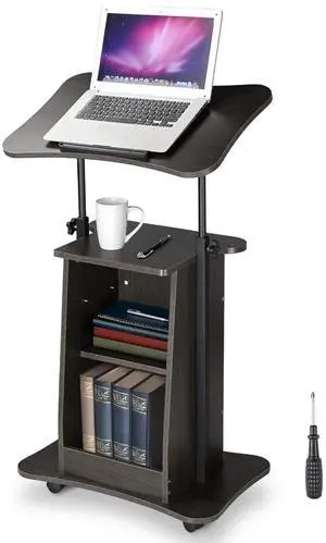Yescom Lectern Podium Stand Portable Rolling Laptop Cart Tilting Height Adjustable Mobile Storage for Classroom Speech Office Church Black Walnut