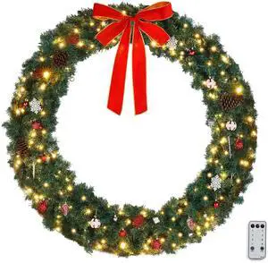 Yescom 5Ft Pre-lit LED Christmas Wreath Decoration with 220 Lights 600 Branches PVC Bow for Indoor Outdoor Door Wall Window Display