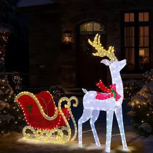 Yescom 5Ft Lighted Christmas Reindeer & Sleigh Decoration Set with LED for Indoor Outdoor Yard Garden Porch Holiday Display, Red & White