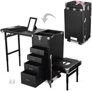 Byootique Rolling Makeup Train Case Patented Design Pedicure Nail Salon Nail Foldable Trolley Cosmetic Organizer Black with Stool