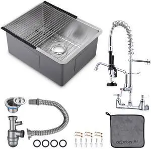 Aquaterior Wall Mount Pre-Rinse Faucet Kitchen Sink Kit 26" Single Bowl