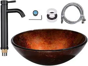 Aquaterior Tempered Glass Vessel Sink w/ ORB Single Hole Faucet Mounting Ring