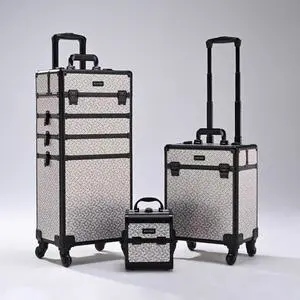 BYOOTIQUE Rolling Makeup Train Case on Wheels 3-Piece Hairdressing Brush Bags Cosmetology Art Deco Graphite