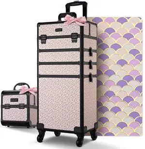 BYOOTIQUE Makeup Train Case Trolley w/ Cube Case Cosmetic Organizer Art Deco Tyrian