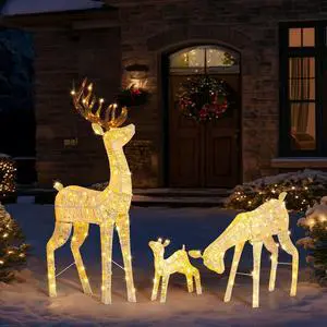 Yescom 3-Piece Pre-lit Lighted Christmas Reindeer Family Set Decorations with 280 LEDs for Outdoor Indoor Home Decor Yard Lawn Display
