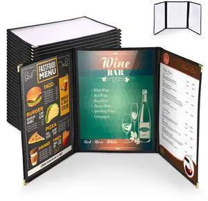WeChef 30 Pack Restaurant Menu Cover 8.5x11" Triple Fold 6 View  Double Stitch Bar Cafe Black
