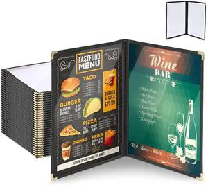 WeChef 30pcs Menu Cover 8.5x11" Letter Double Fold 2 Page 4 View Restaurant Cafe  Black Trim