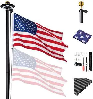 Yescom Bravery 25Ft Sectional 13Gauge Aluminum Flag Pole Kit with 136 LED Solar Light US Flag Top Outside House Outdoor