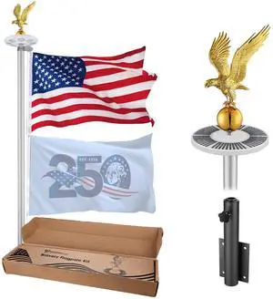 Yescom 25 Ft Heavy Duty Flag Pole Kit with Solar Light & Deck Mount Bravery MEGA 13 Gauge Aluminum Sectional Flagpole for Outdoor Patio Dock Side Silver