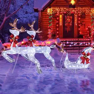 Yescom 3-Piece Pre-lit Lighted Christmas 2 Reindeer & Sleigh Set with Stakes for Xmas Outdoor Holiday Indoor Decor Lighted Holiday Displays
