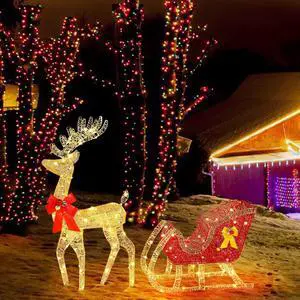 Yescom Lighted Christmas Golden Elk Deer Sled Decoration with Sturdy Iron Frame for Indoor Outdoor Courtyard Garden Holiday Festive Decor