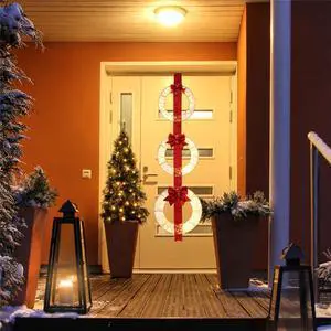 Yescom Pre-Lit 3 Pcs Christmas Wreath Set with Elegant Red Ribbon for Indoor/Outdoor Holiday Decor Front Door Window Porch Yard