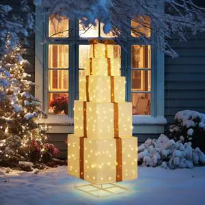 Yescom 6FT Pre-lit Lighted Christmas Beige Gift Box Tower with 200 LEDs for Indoor/Outdoor Yard Porch Lawn Holiday Decor