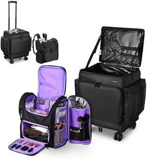 Byootique Rolling Makeup Train Case w/ Backpack Travel Barber Cosmetic Storage