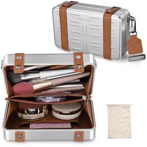 Byootique Mini Suitcase Crossbody Bag Portable Hard Shell Aluminum Cosmetic Makeup Case with Adjustable Strap Travel Handbag for Makeup Artist,Sliver