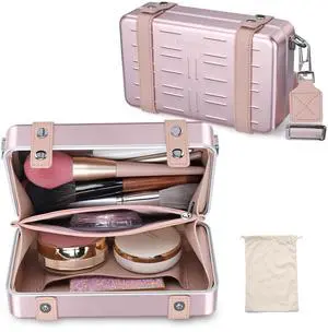 Byootique Mini Suitcase Crossbody Bag Portable Hard Shell Aluminum Cosmetic Makeup Case with Adjustable Strap Travel Handbag for Makeup Artist,Pink