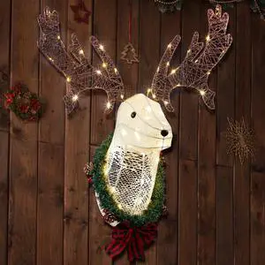 Yescom 39" Pre-lit Lighted Christmas Reindeer Head 3D Rudolph Hanging Wreath for Front Door Window Porch Yard Living Room Wall Displays