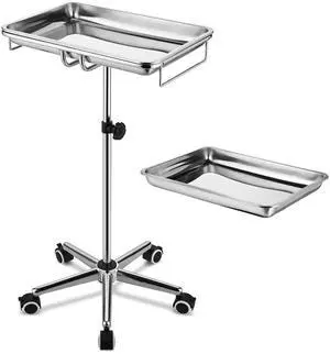 Yescom Mobile Mayo Stand Stainless Steel with Handle 2 Pack Trays on Wheels Adjustable Height for Medical Dental Salon Tattoo Lab