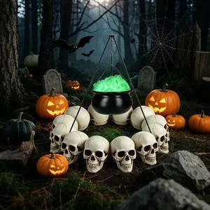 Yescom 12PCS Life-Size Skulls w/ Cauldron Tripod LED Lights Halloween Decor Yescom 12PCS Life-Size Skulls w/ Cauldron Tripod LED Lights Halloween Decor