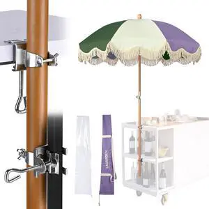 LAGarden 6' Tilt Retro Beech Wood Fringe Umbrella Kit Drill-free Clamp Vertical Horizontal Side Mount Outdoor Event Wedding Mobile Cart, Purple Green LAGarden 6' Tilt Retro Beech Wood Fringe Umbrella Kit Drill-free Clamp Vertical Horizontal Side Mount Outdoor Event Wedding Mobile Cart, Purple Green