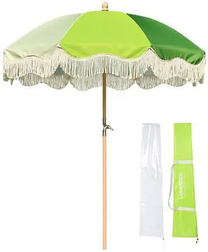 LAGarden 6Ft Fringe Patio Umbrella with Tassels & Carry Bag 50 / 60s Vintage Style Umbrella Wood Green,Model: PS6-04 LAGarden 6Ft Fringe Patio Umbrella with Tassels & Carry Bag 50 / 60s Vintage Style Umbrella Wood Green,Model: PS6-04
