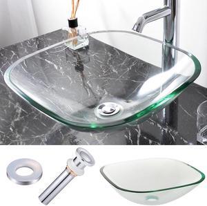 Square Tempered Glass Vessel Sink Basin with Chrome Mounting Ring and 1 1/2" Pop Up Drain Combo Set