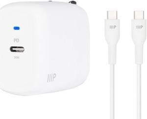 Monoprice iPad Pro Charging Bundle - 30W 1-port PD GaN Technology Foldable Wall Charger and 1.8m (6ft) Fast Charge USB-C