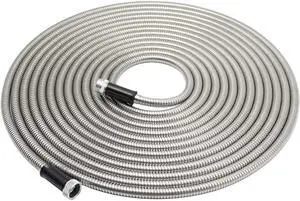 MPM 75 Foot Garden Hose Stainless Steel Metal Water Hose Tough & Flexible, Lightweight, Crush Resistant Aluminum Fitting