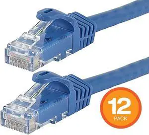 Monoprice Cat6 Ethernet Patch Cable - 10 Feet - Blue (12 pack) Snagless RJ45, Stranded, 550MHz, UTP, Pure Bare Copper Wire, 24AWG - Flexboot Series