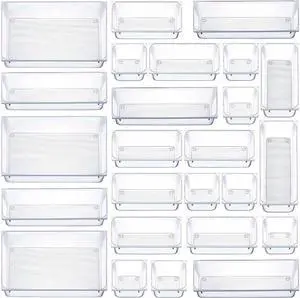 MPM 25pcs Drawer Organizer, 4 Sizes Clear Plastic Desk Divider Storage Bins, Multipurpose Trays, For Organization of Acc