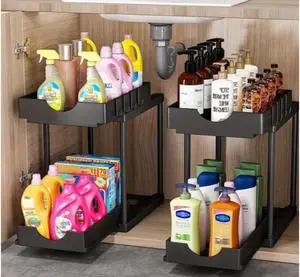 MPM 2 Pack Under Sink Shelf, Kitchen Organizers, 2 Tier Bathroom Cabinet Drawer, Multi-purpose Storage with 4 Hooks