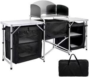 6 Inch Aluminum Portable Fold-Up Camping Kitchen with Windscreen and 5 Enclosed Cupboards, Cook Station, for BBQ, Camping, Picnic, Backyard