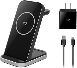 Monoprice 3in1 Wireless Charging Station for iPhone, Apple Watch, AirPods, Bundled with Quick Charge 3.0 Wall Charger, Fast Charging, Triple Sense LED Indicator, Detachable Watch Charger