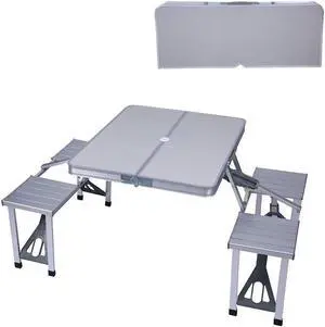 Folding Camping Table Chair Set - Silver, Aluminum Suitcase Portable Camping Picnic Table with 4 Seats, Umbrella Hole for Party, BBQ, Beach