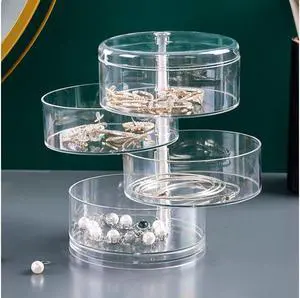 MPM 4 Tier Rotatable Organizer With Lid, Acrylic Jewelry Holder, Rotating Accessories Container, Clear Storage Tray for