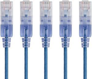 Monoprice SlimRun Cat6A Ethernet Patch Cable - Network Internet Cord - RJ45, 550Mhz, UTP, Pure Bare Copper Wire, 10G, 30AWG, 7ft, Blue, 5-Pack