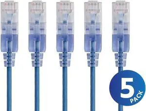 Monoprice Cat6A Ethernet Network Patch Cable - 20 Feet - Blue | 5-Pack, 10G - SlimRun Series