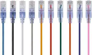 Monoprice SlimRun Cat6A Ethernet Patch Cable - Network Internet Cord - RJ45, Stranded, UTP, Pure Bare Copper Wire, 30AWG, 2ft, 10-Color, 10-Pack
